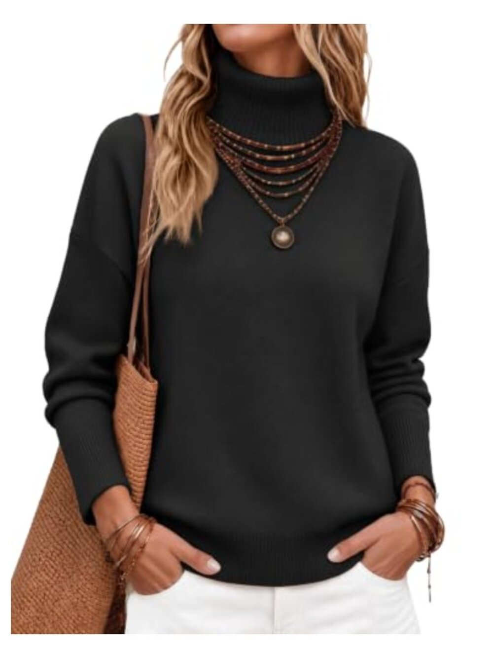 Turtleneck Sweater Chunky Knitted Pullover High Low Hem Oversized